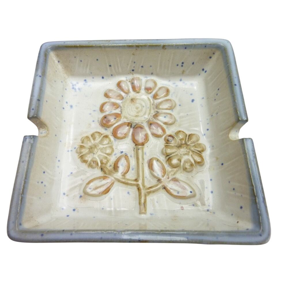 Vintage Japanese Ceramic Square Trinket Dish Mod Flower Pottery Retro Decor